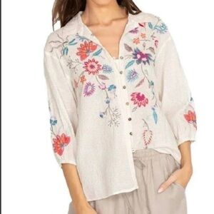 Johnny Was Workshop Phoebe Button Front Easy Top White Front Back Embroidery XL